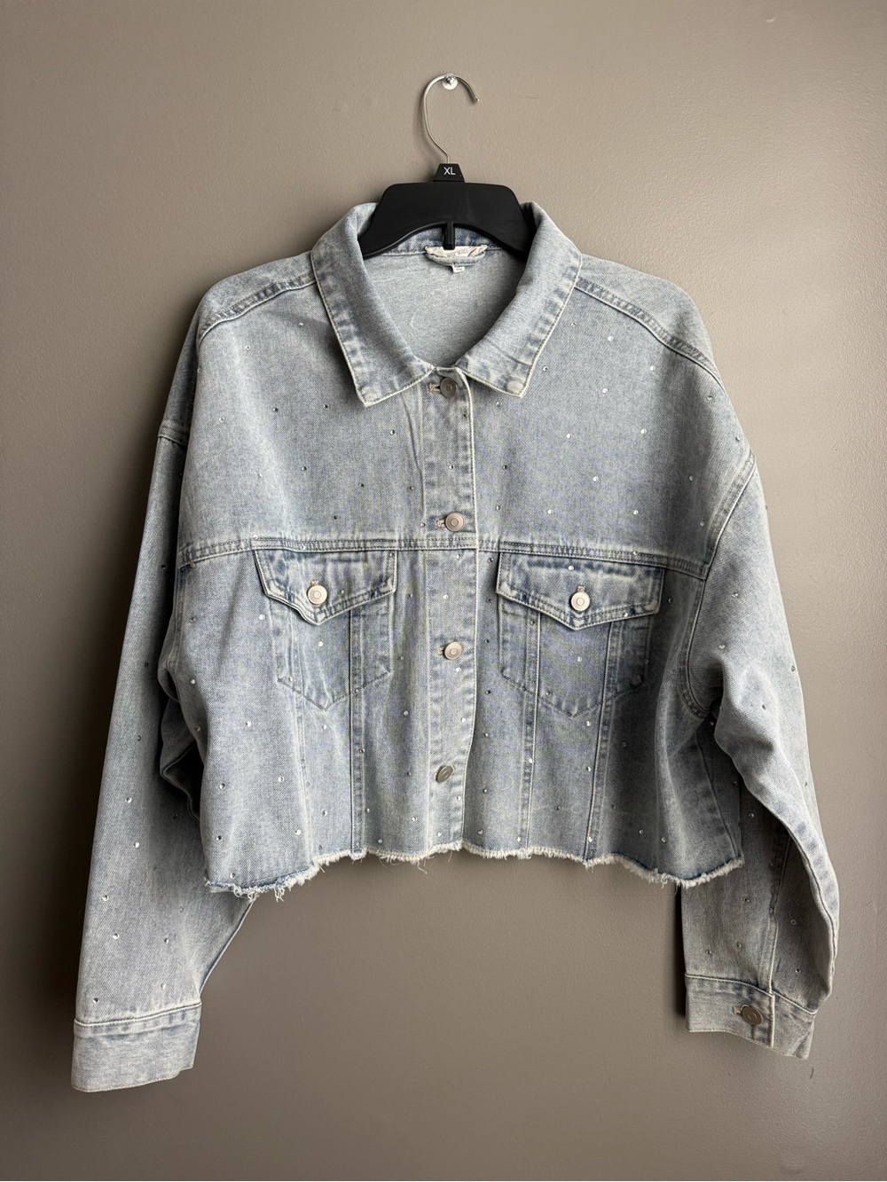 Altar'd State Light Blue Cropped Denim Jacket with Rhinestone Detail
